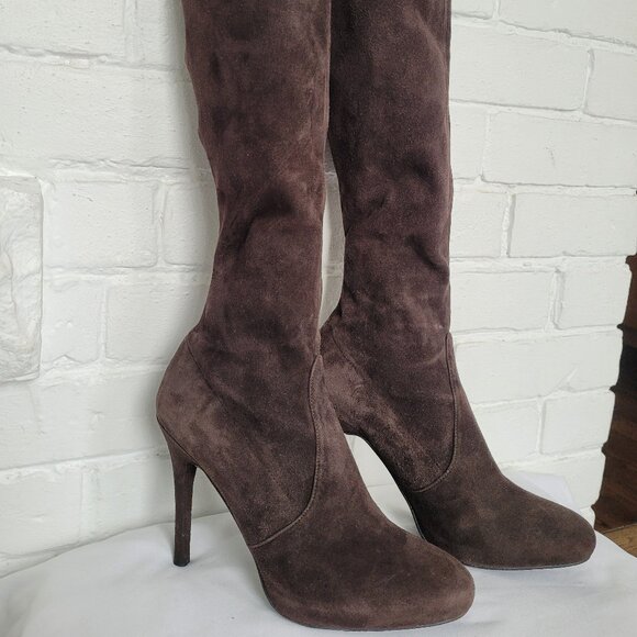 Stuart Weitzman Brown Stretch Suede Heeled Boots Size 7 M - Picture 3 of 15